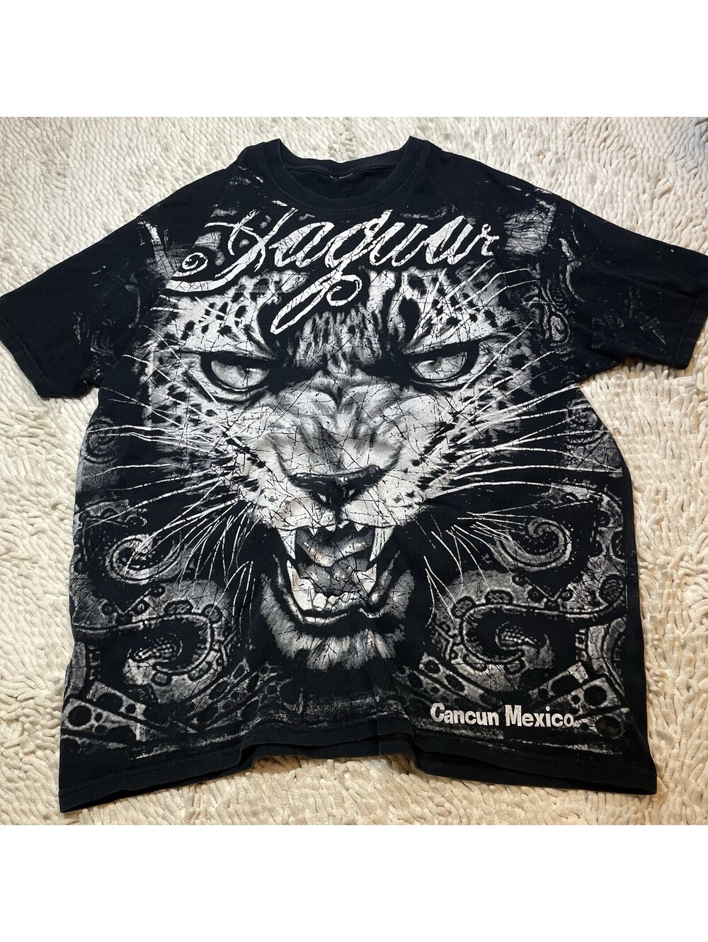 Vintage Y2K Cancun Mexico AOP Tribal Art Animal Panther Native Black L/XL Shirt